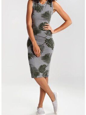 Sleeveless Grey Midi Dress with Olive Leaf Print